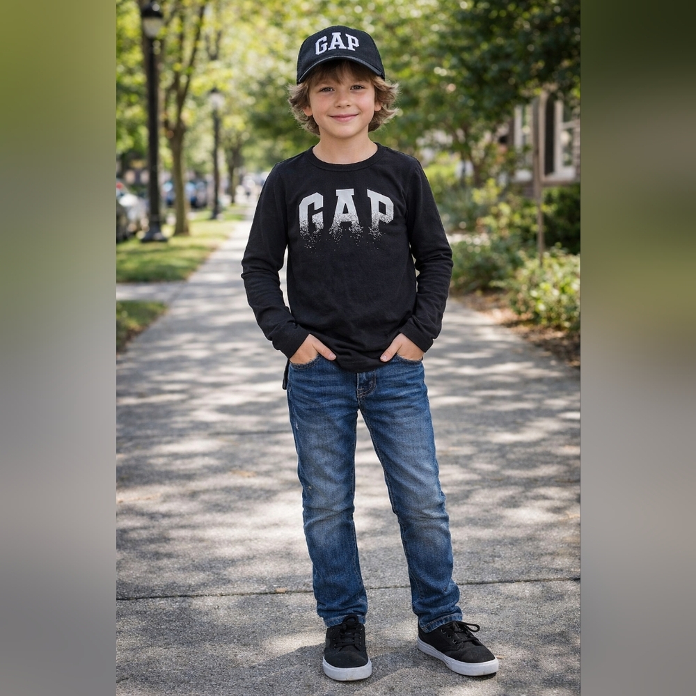GAP Kids Black Long Sleeve Logo Tee Shirt 8 Flame Resistant Recycled Poly